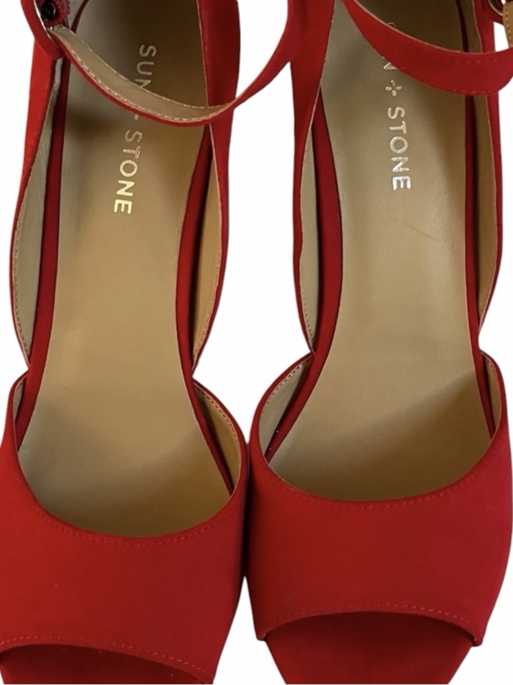 Sun + Stone size 10 red faux suede platform open toe heels with ankle wrap